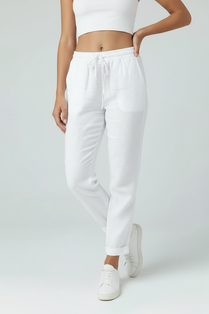 Bukser Dame | Elastisk Talje med Snøre - Hvid 1.1