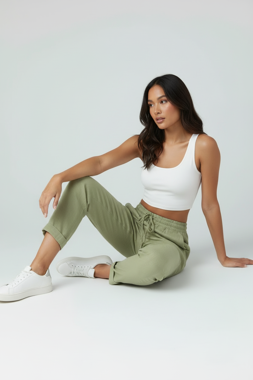 Bukser Dame | Elastisk Talje med Snøre - Lysegrøn 1.1