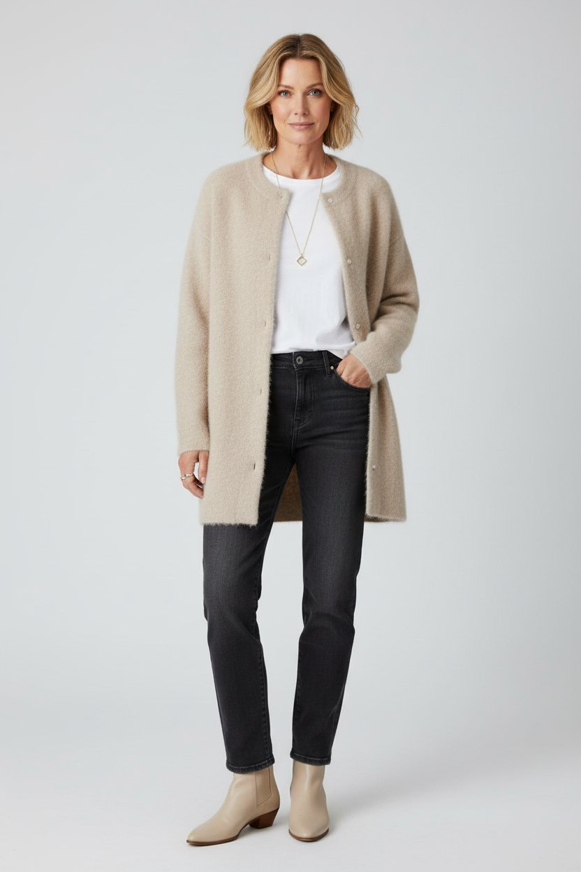 Cardigan Dame | Lang med Knapper - Beige 1.1