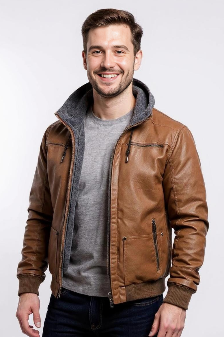 Foret Læderjakke Med Hætte