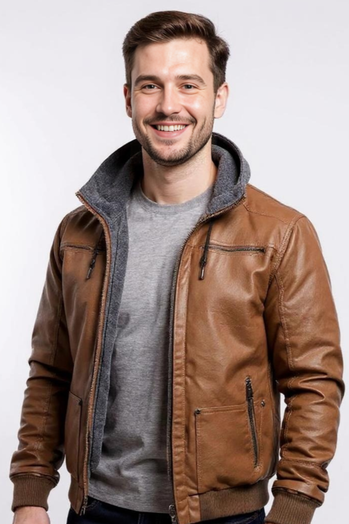 Foret Læderjakke Med Hætte