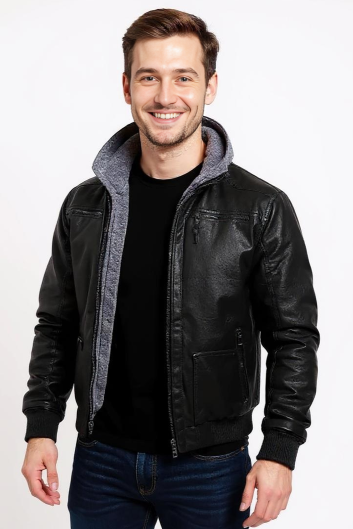 Foret Læderjakke Med Hætte