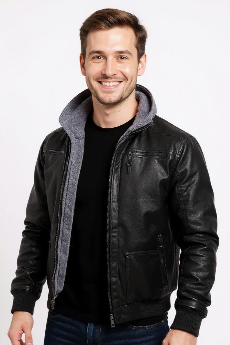 Foret Læderjakke Med Hætte