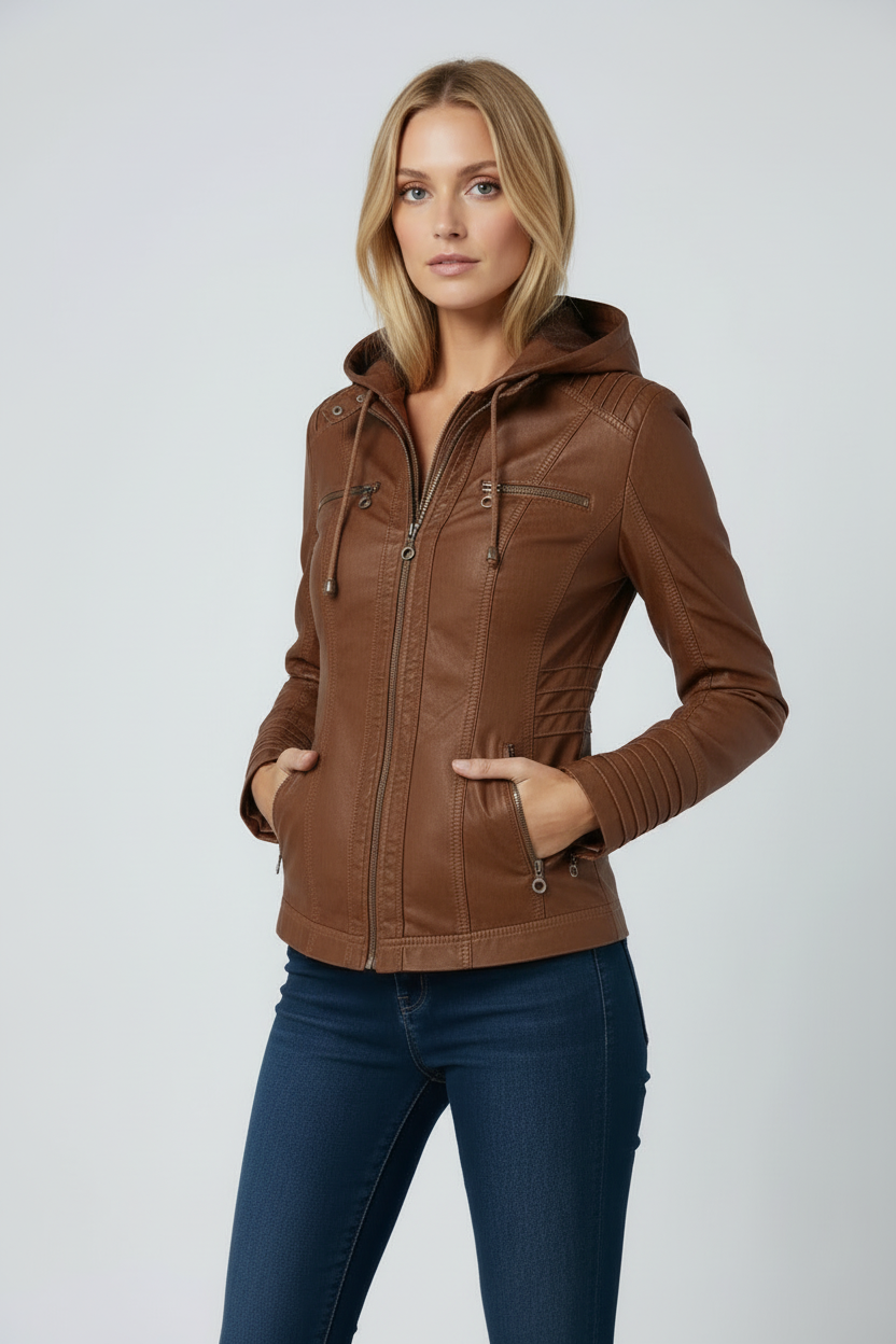 Jakke Dame | Læderlook med Hætte - Brun