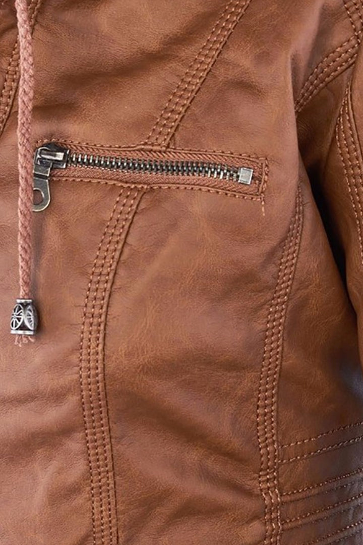 Jakke Dame | Læderlook med Hætte - Brun 4.2