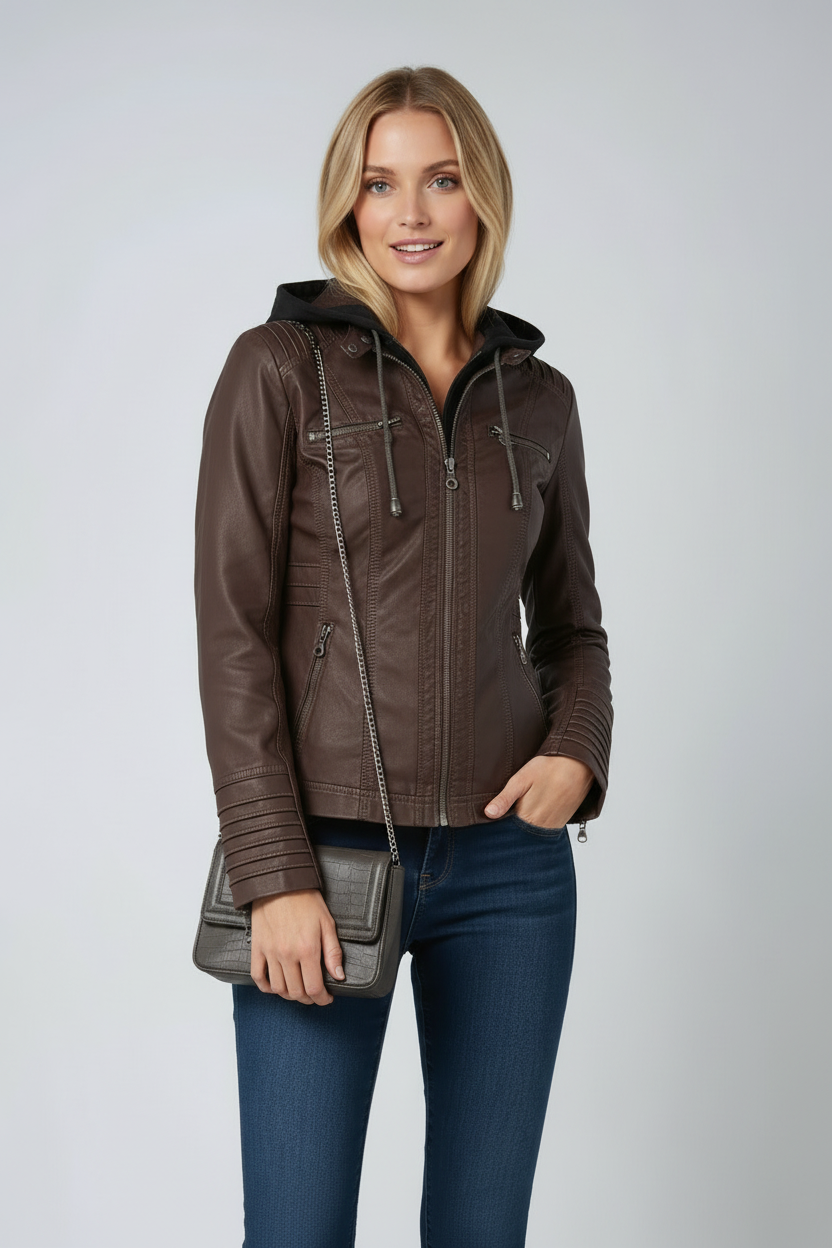 Jakke Dame | Læderlook med Hætte - Mørkebrun