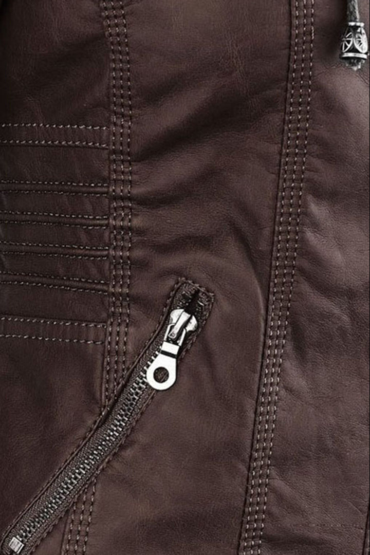 Jakke Dame | Læderlook med Hætte - Mørkebrun 3.0