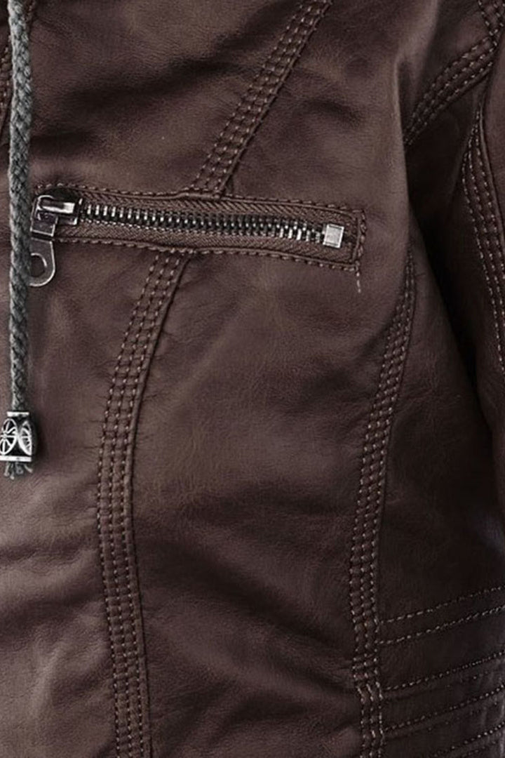 Jakke Dame | Læderlook med Hætte - Mørkebrun 3.1