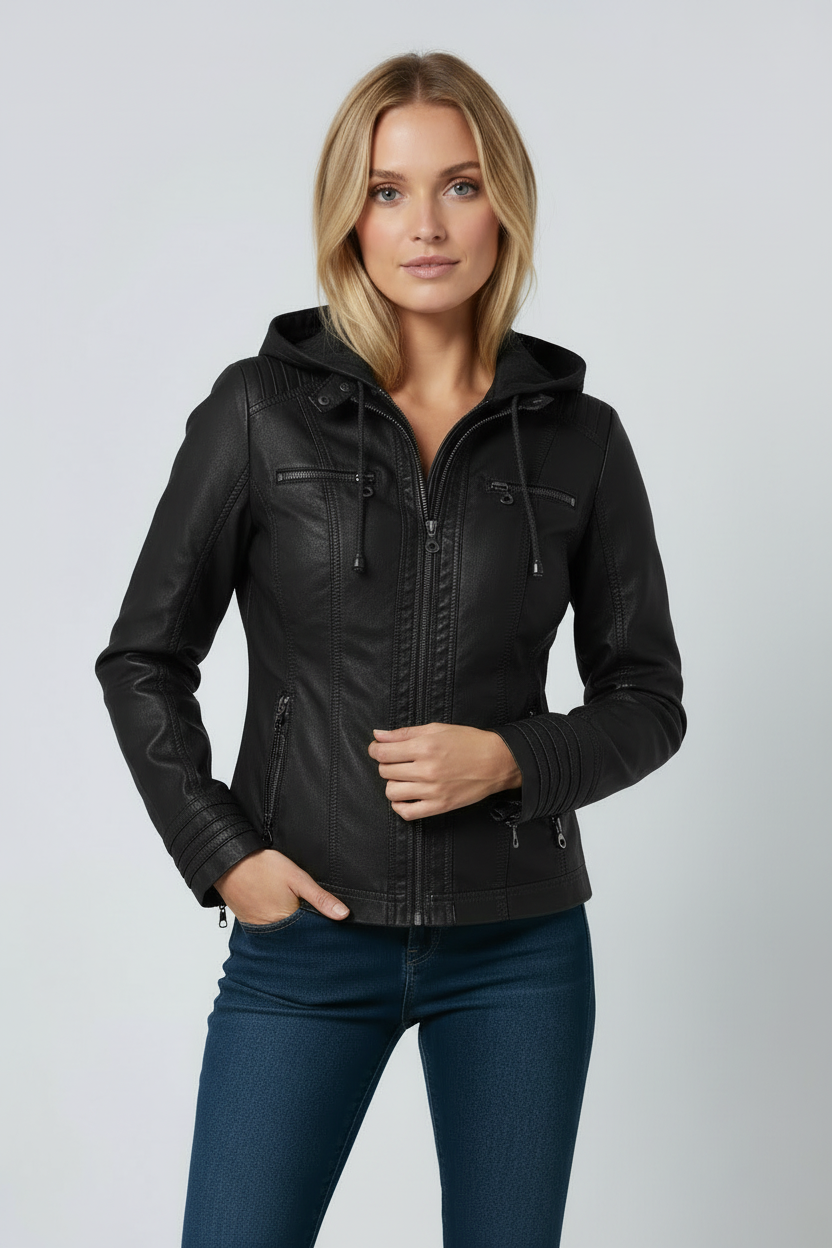 Jakke Dame | Læderlook med Hætte - Sort 2.0