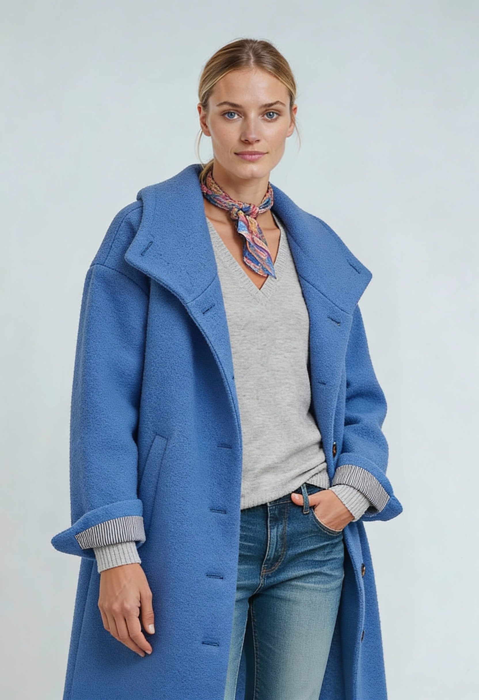 Jakke Dame | Lang med Hætte og Knaplukning - Blå