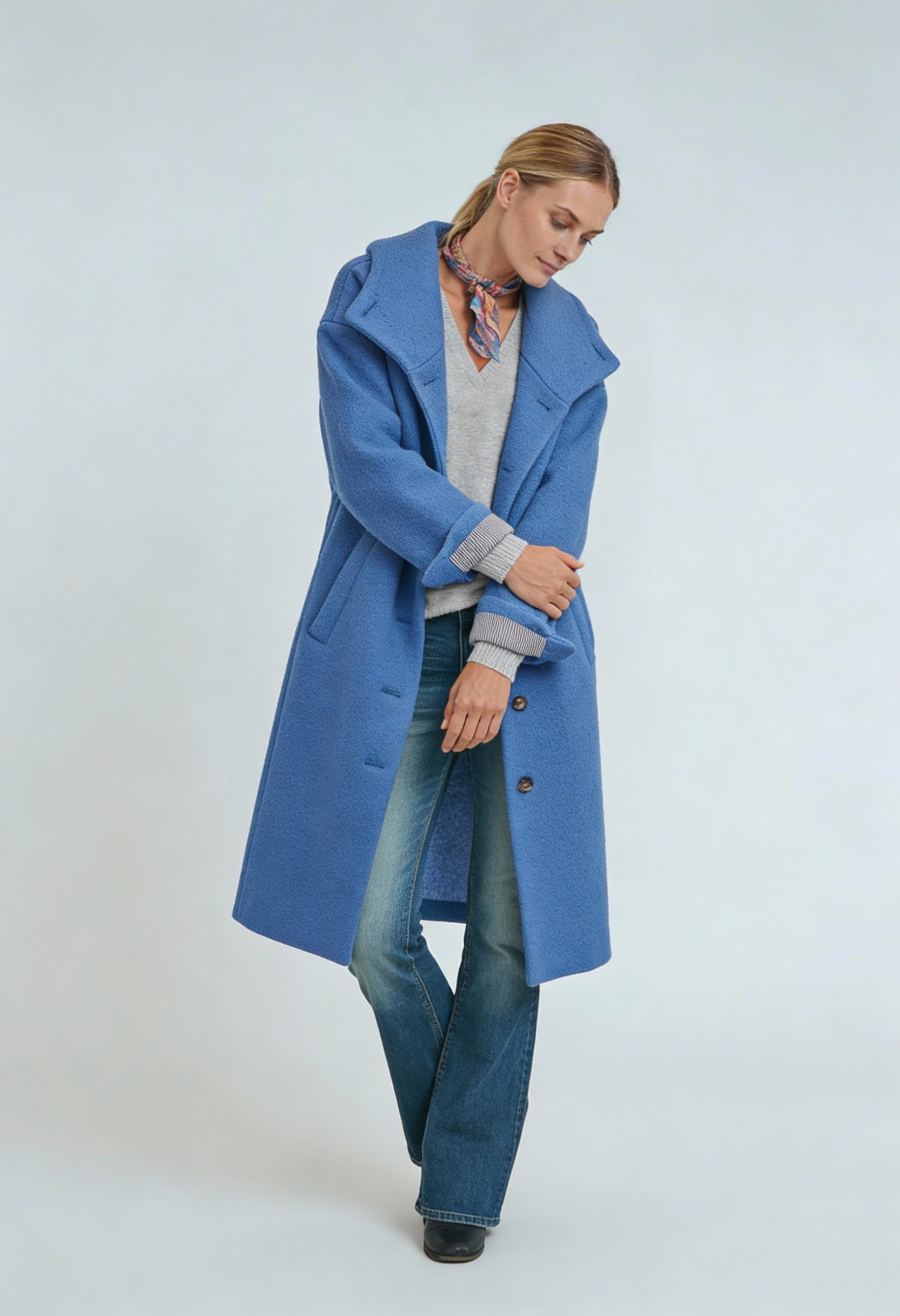 Jakke Dame | Lang med Hætte og Knaplukning - Blå 2/0