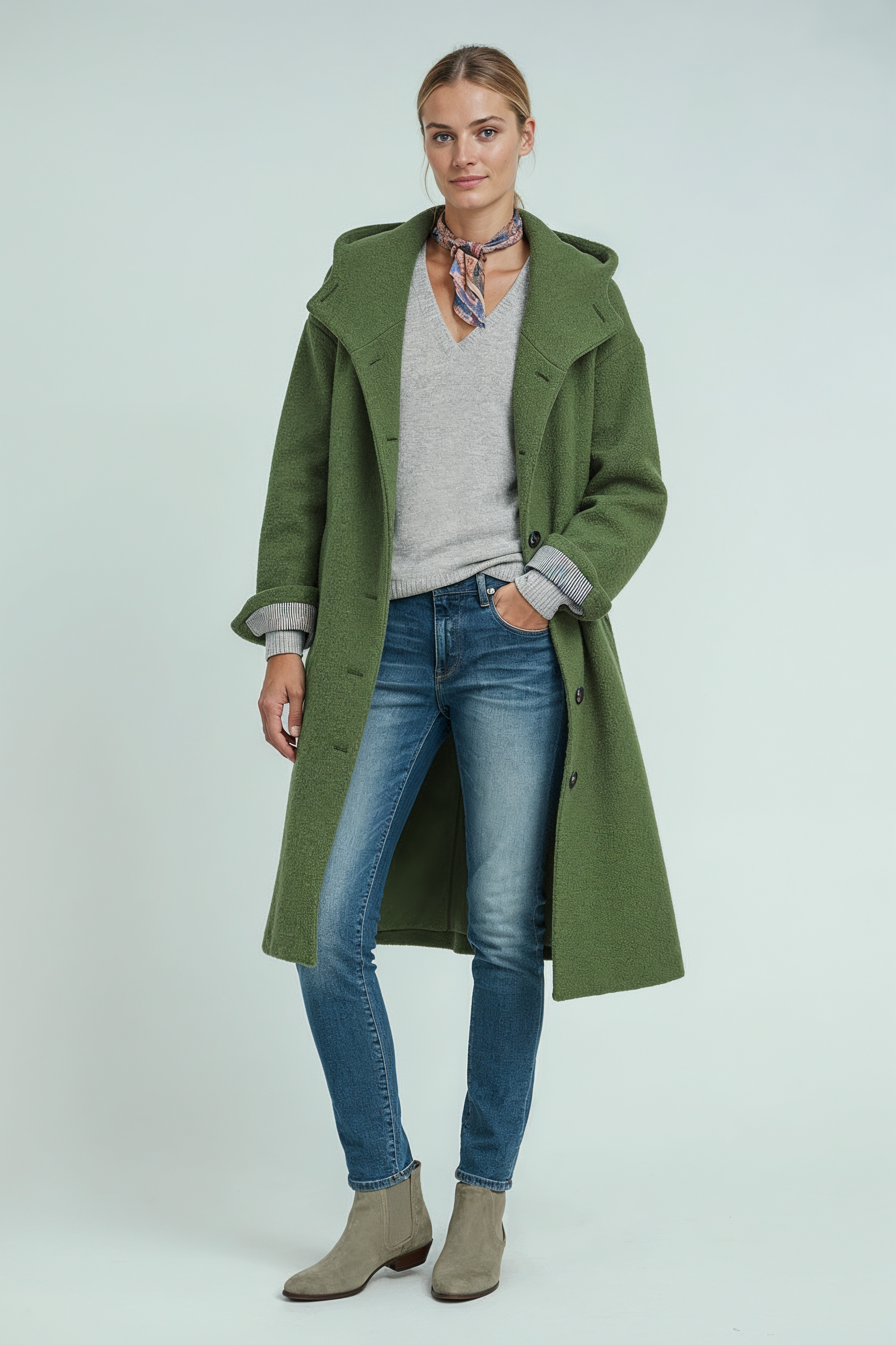 Jakke Dame | Lang med Hætte og Knaplukning - Grøn 2/0