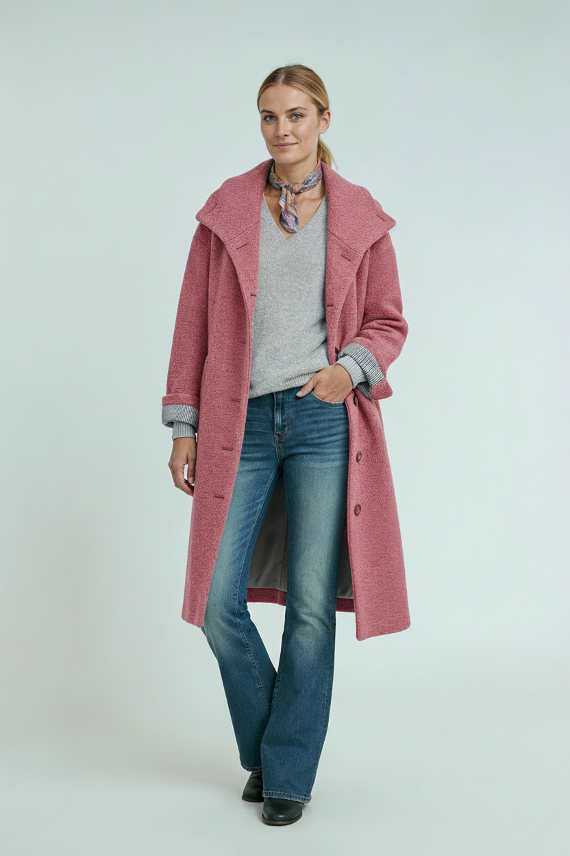 Jakke Dame | Lang med Hætte og Knaplukning - Rosa