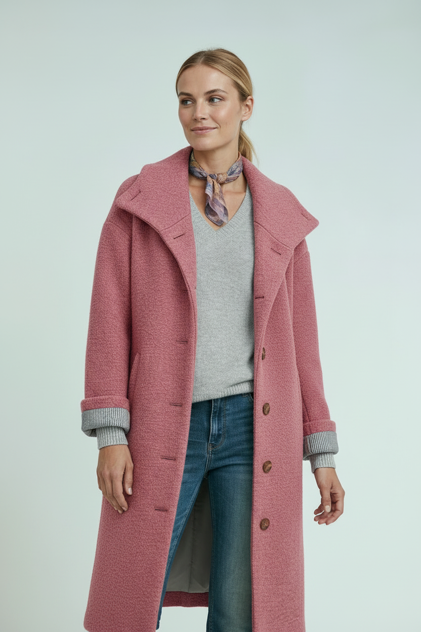 Jakke Dame | Lang med Hætte og Knaplukning - Rosa 2/0