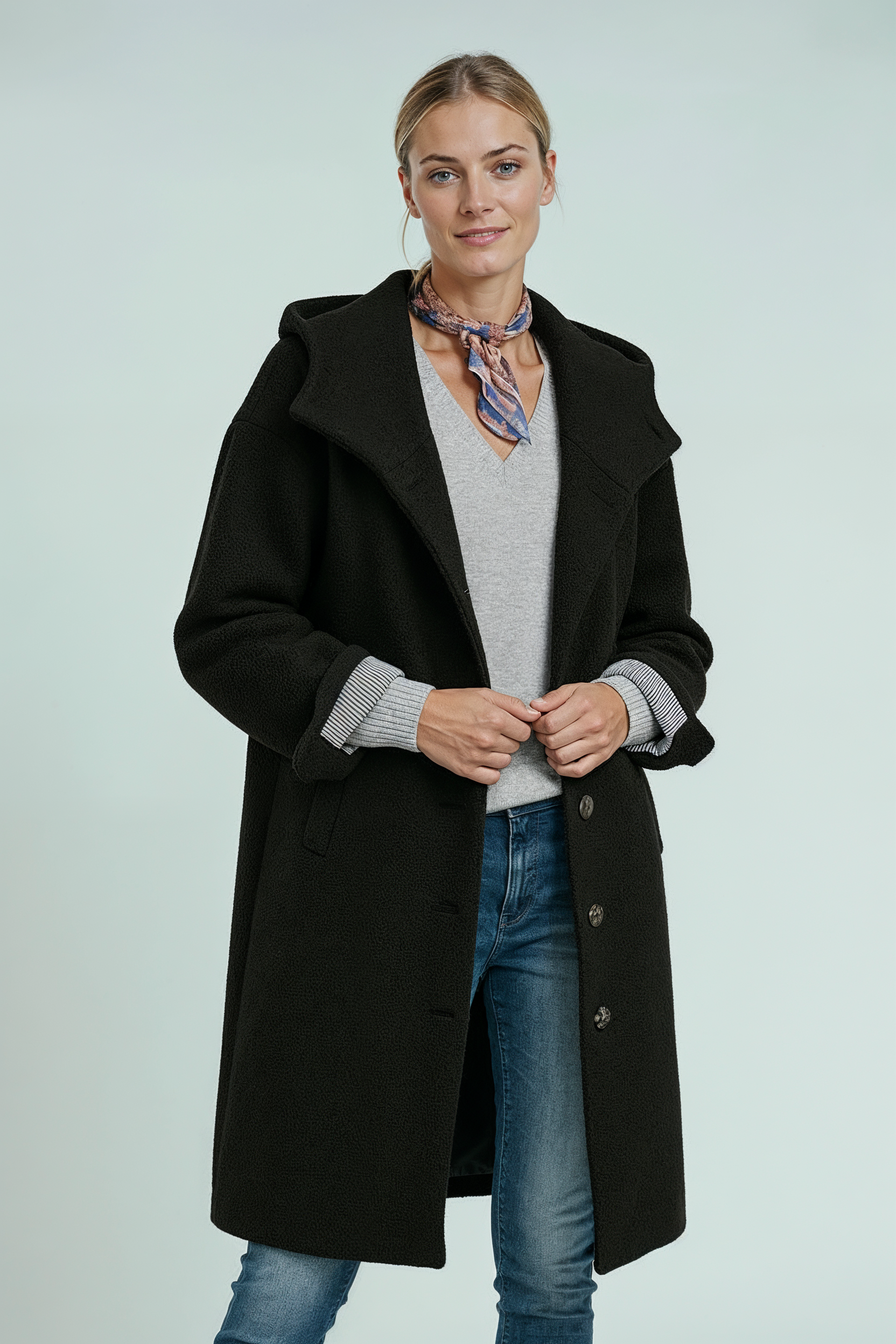 Jakke Dame | Lang med Hætte og Knaplukning - Sort