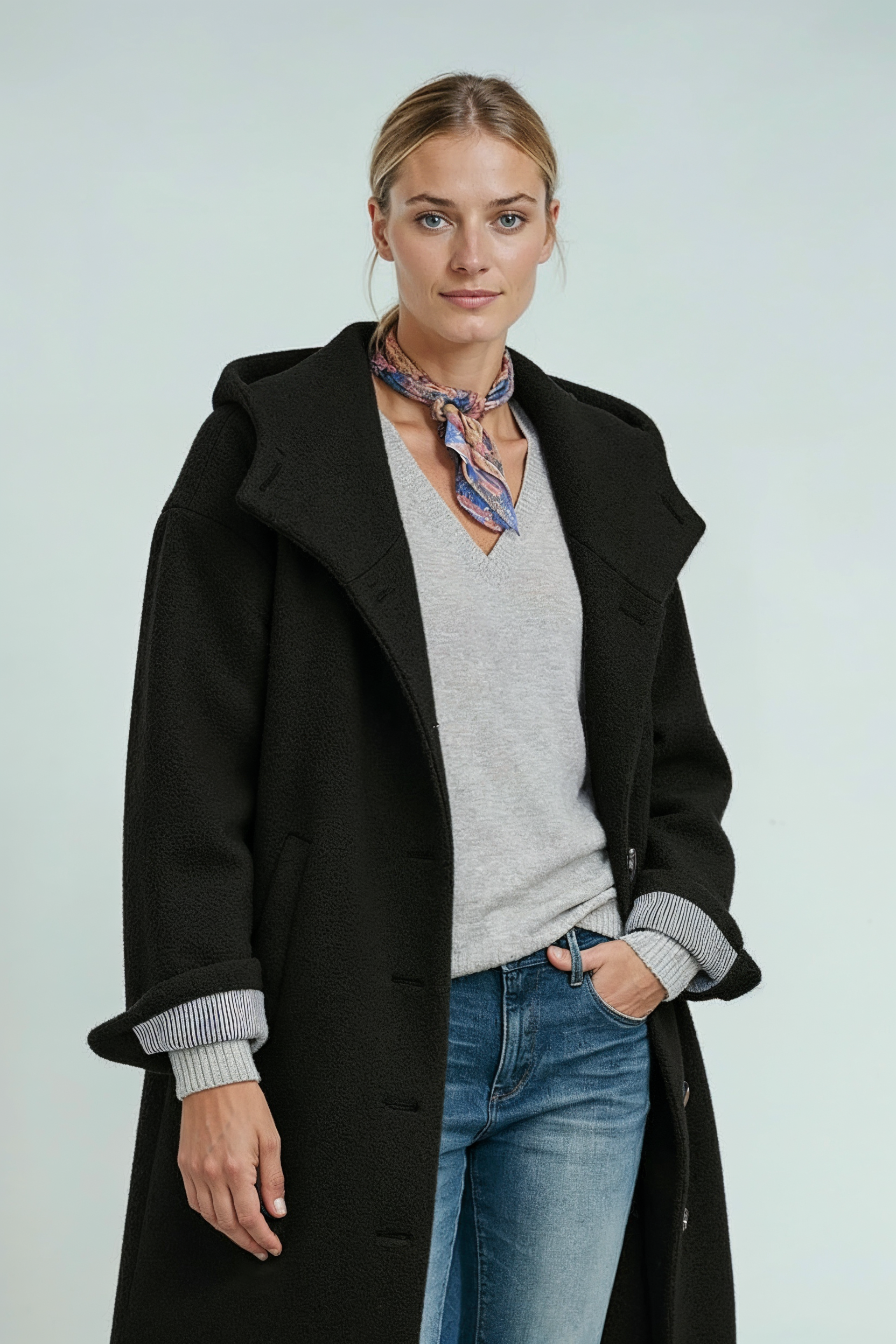 Jakke Dame | Lang med Hætte og Knaplukning - Sort 2/0