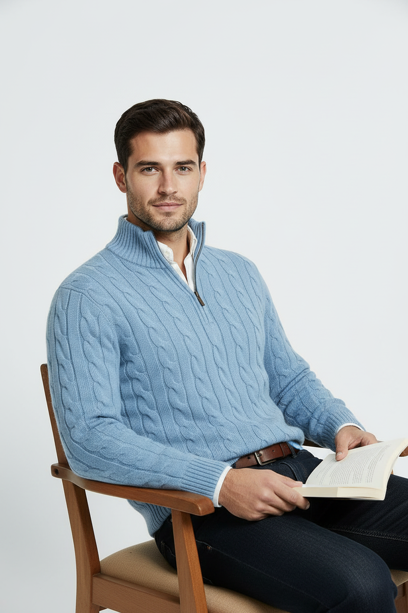 Kabel Striktrøje Med Half Zip - Himmelblå 1.1