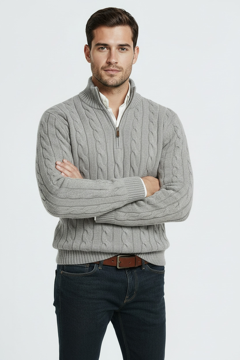 Kabel Striktrøje Med Half Zip - Lysegrå 1.0