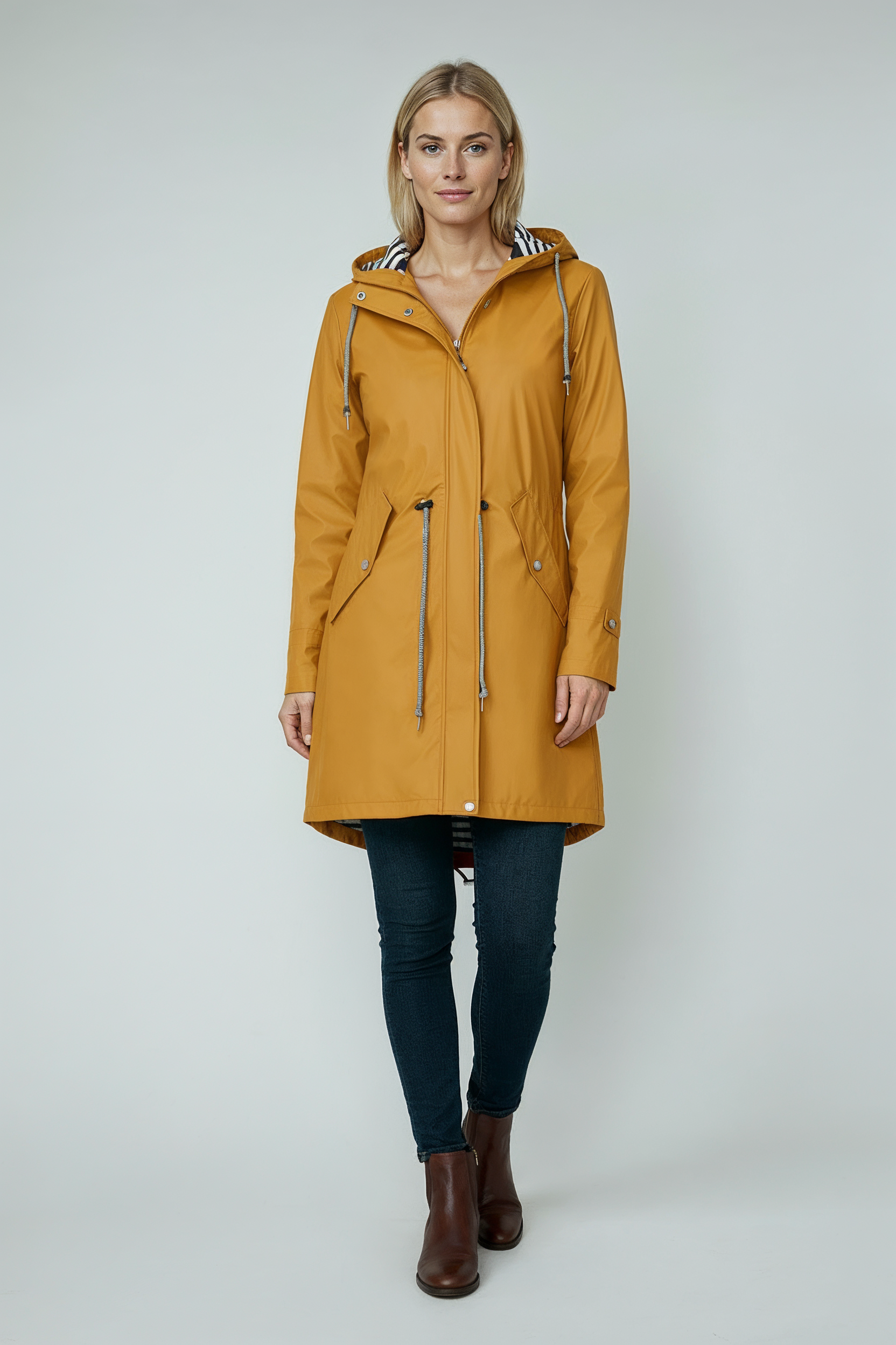 Lang Regnjakke Dame | Hætte & Lynlås - Gul