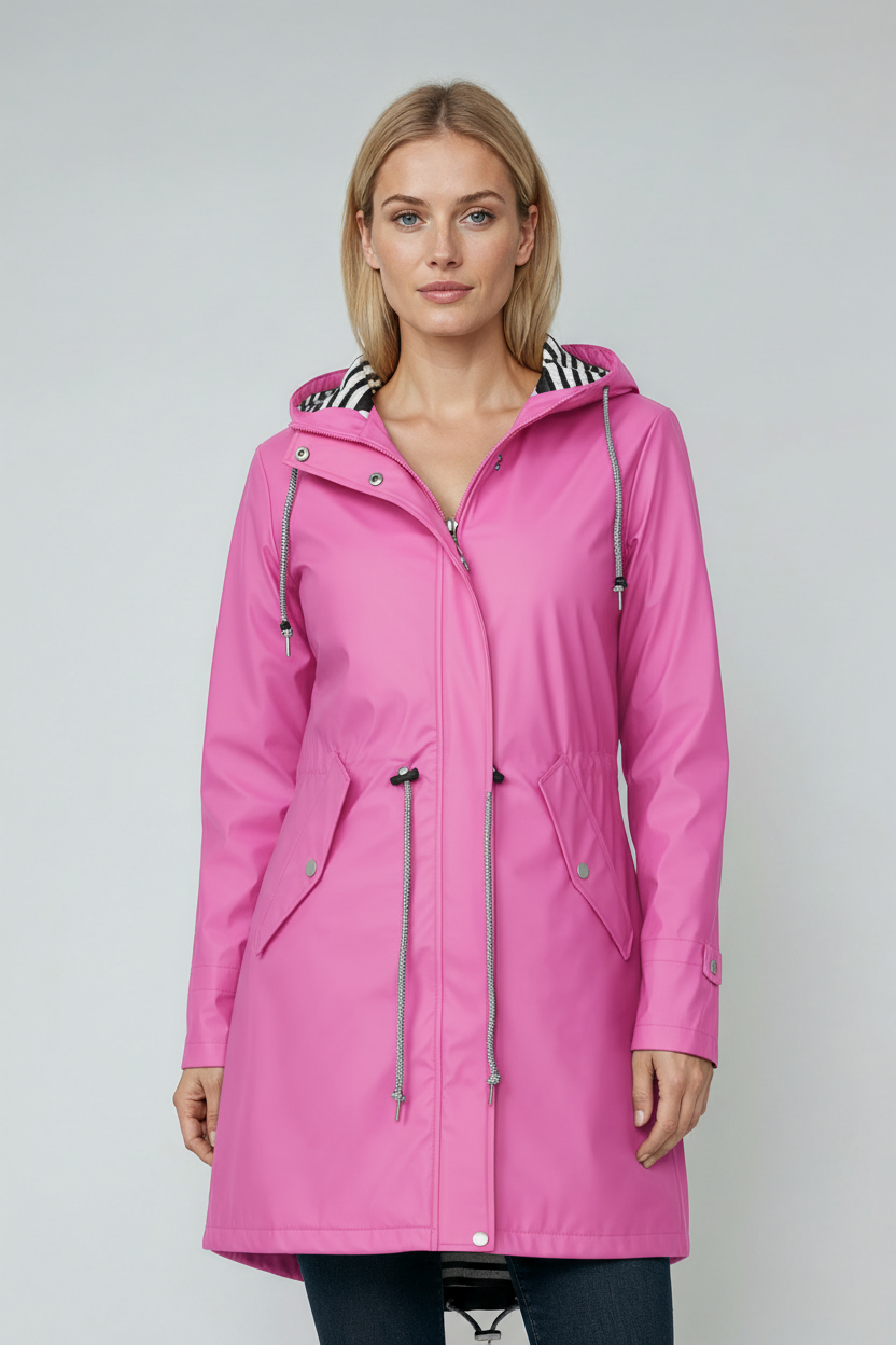 Lang Regnjakke Dame | Hætte & Lynlås - Rosa