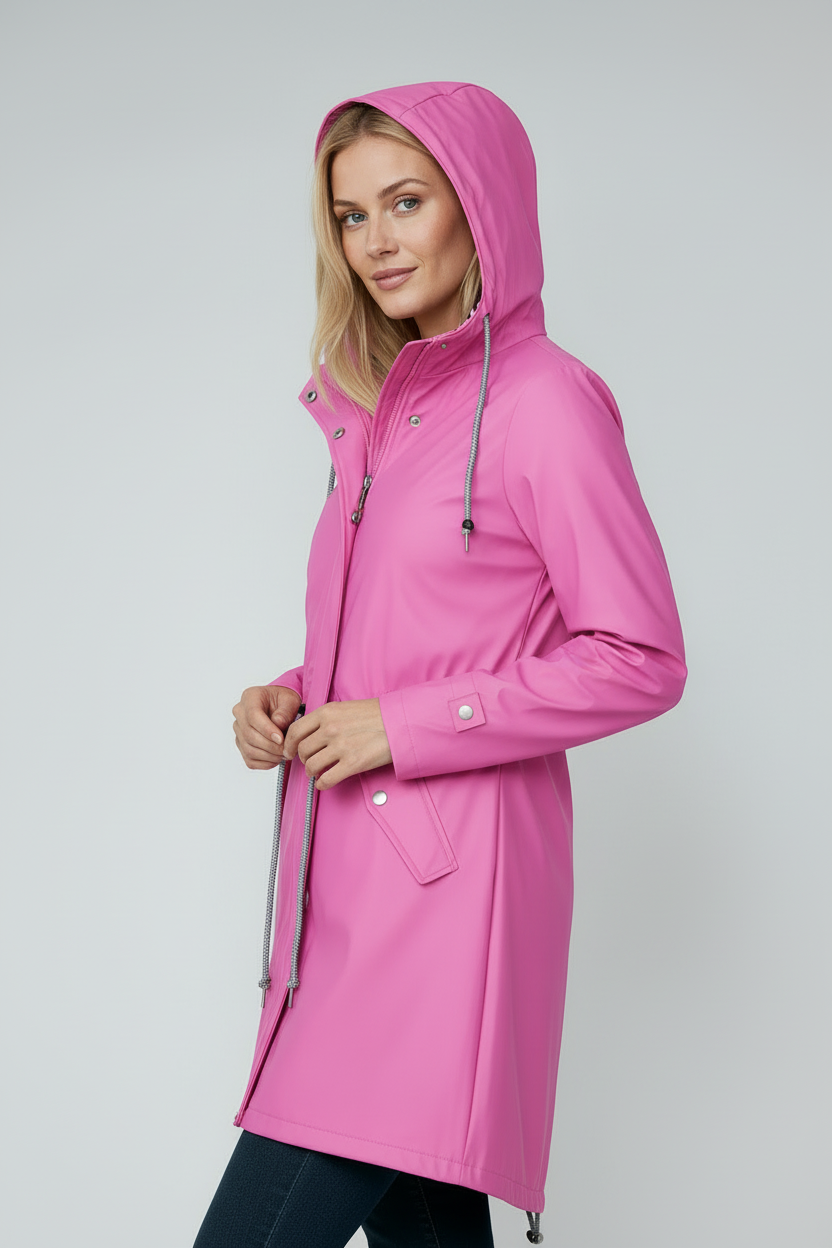 Lang Regnjakke Dame | Hætte & Lynlås - Rosa 2.0