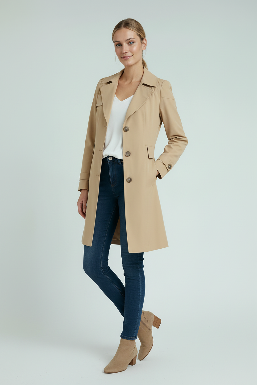 Lang Trenchcoat Dame | Knaplukning - Khaki 2/0
