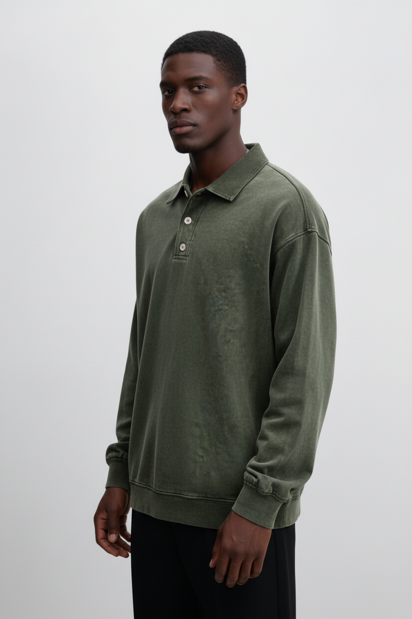 Langærmet Poloshirt Med Vasket Look - Armygrøn 1.1