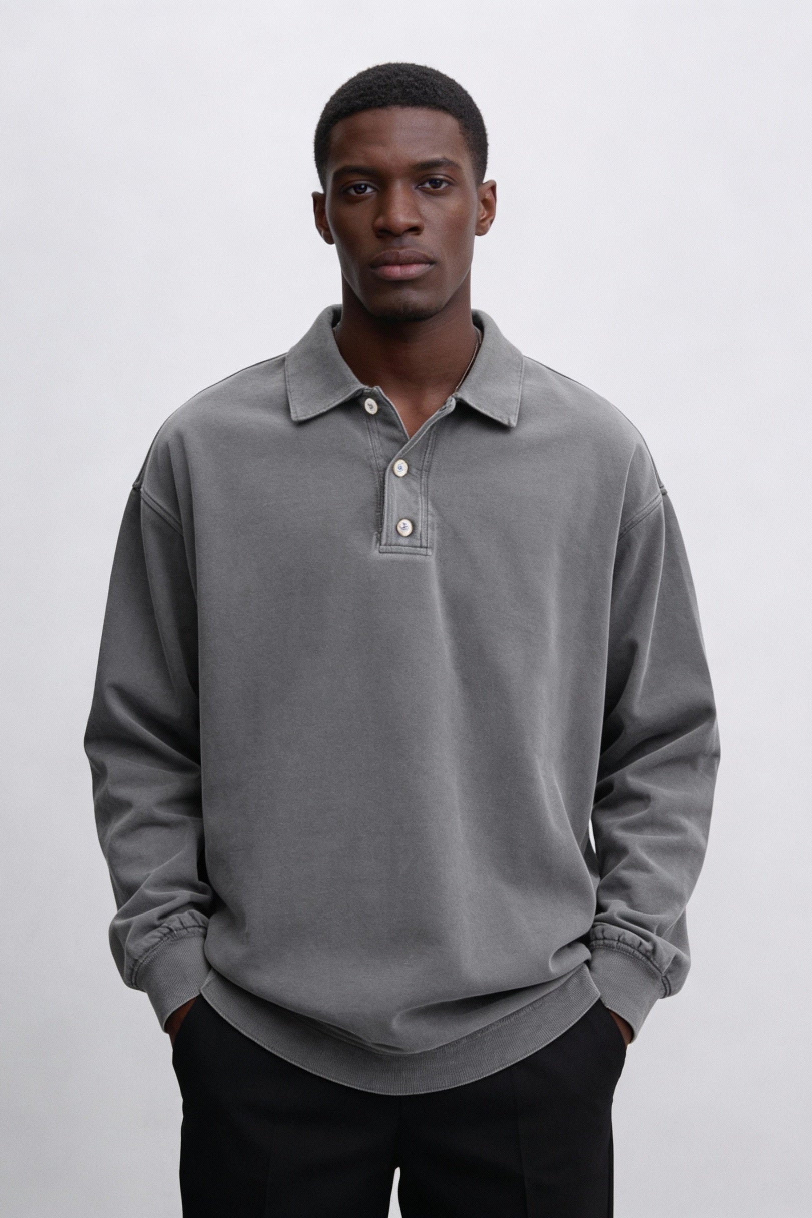 Langærmet Poloshirt Med Vasket Look - Grå 1.1