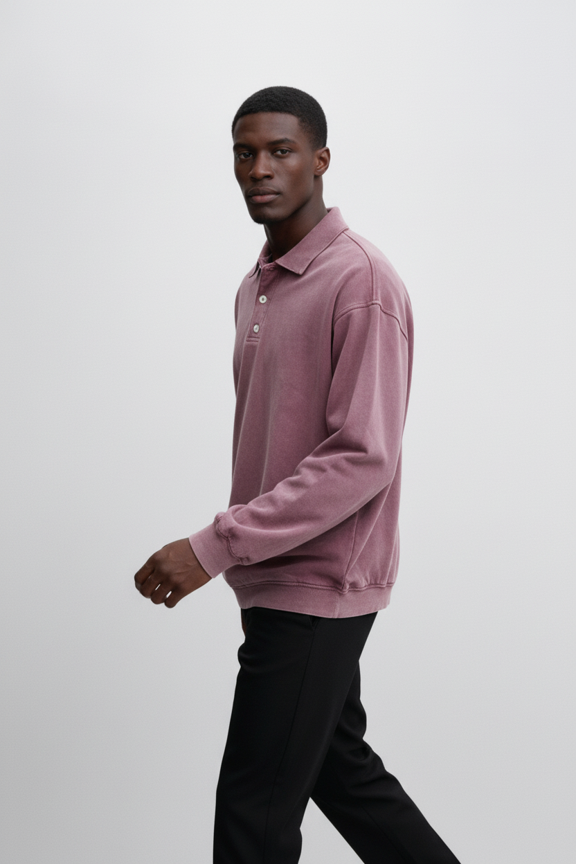 Langærmet Poloshirt Med Vasket Look - Støvet Rosa 1.1