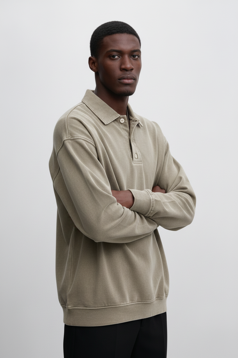 Langærmet Poloshirt Med Vasket Look - Støvet Sand 1.1