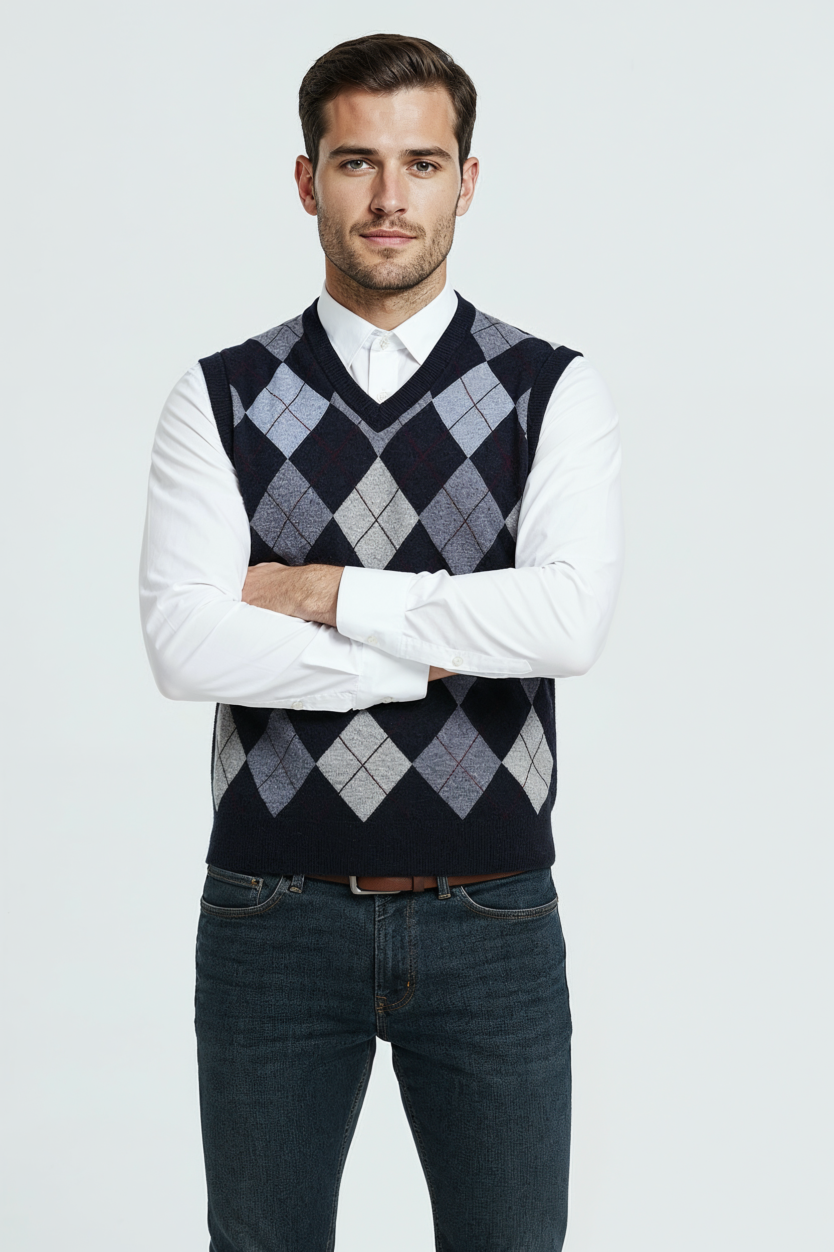 Mønstret Strik Vest Med V-Hals - Dyb Blå 1.1