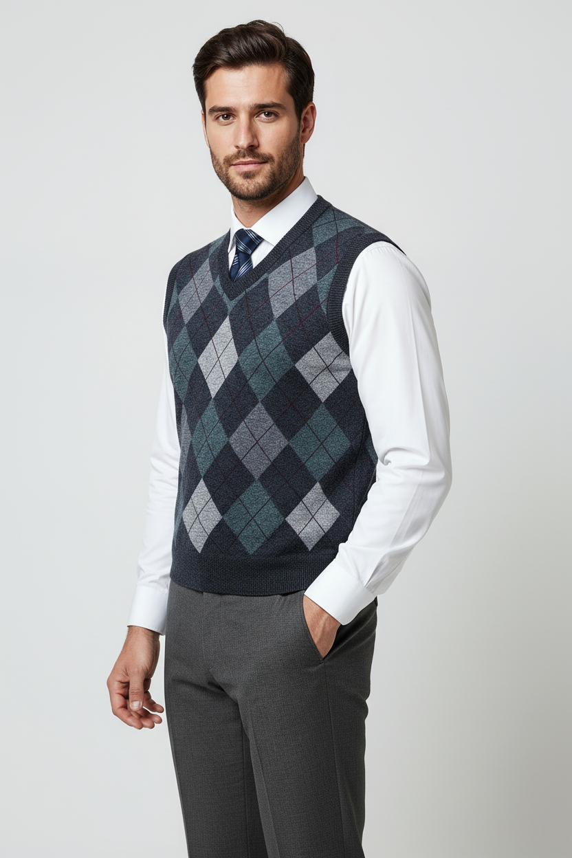 Mønstret Strik Vest Med V-Hals - Mørkegrå 1.3