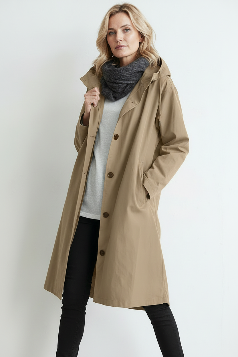 Regnjakke Dame | Lang med Hætte og Knapper - Beige