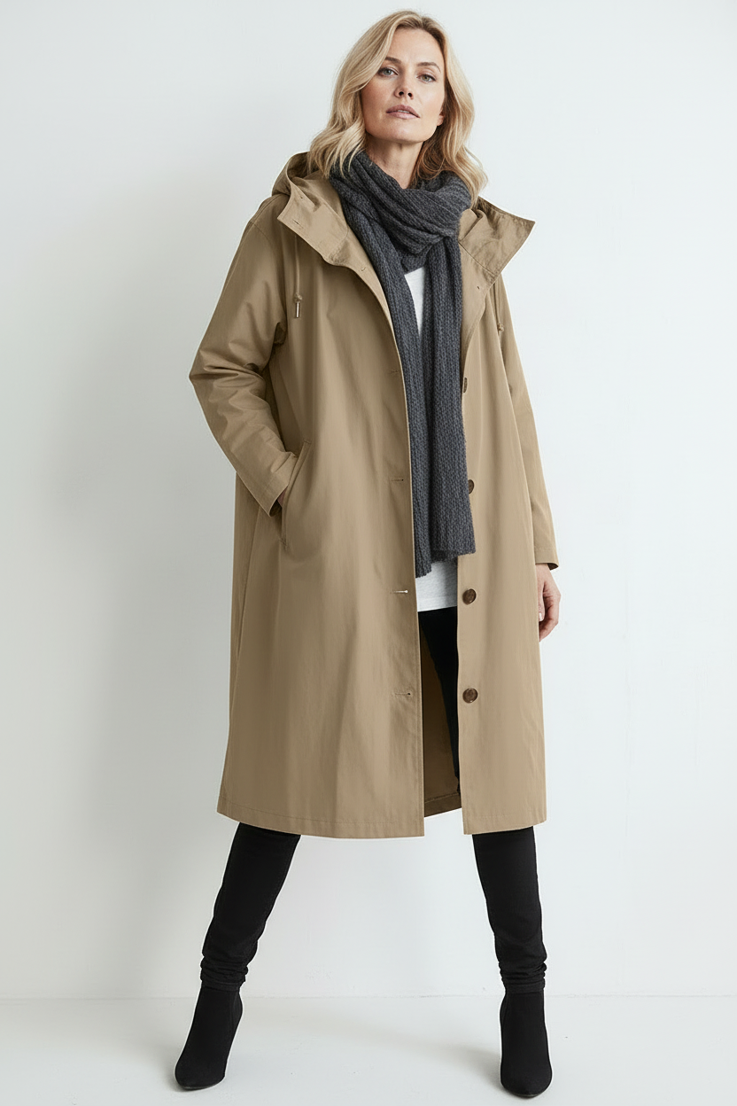 Regnjakke Dame | Lang med Hætte og Knapper - Beige 2/0