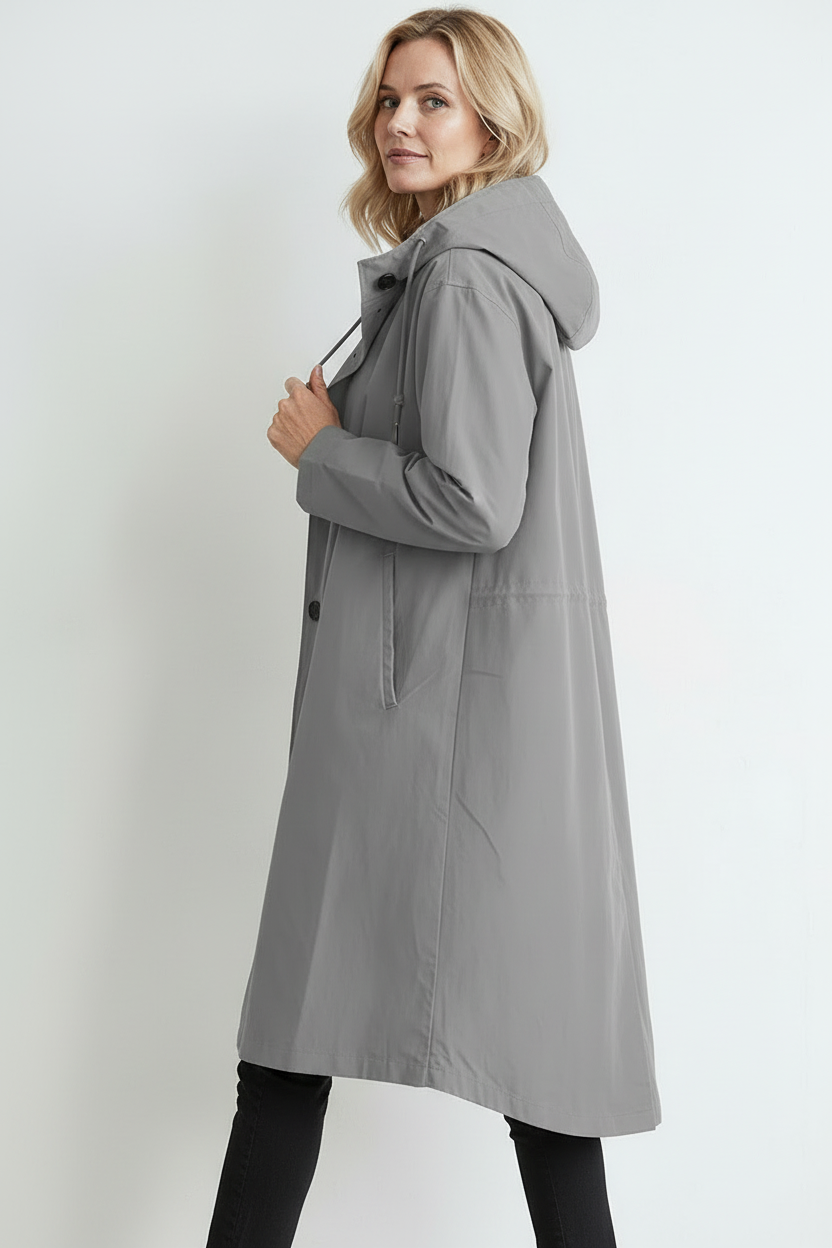 Regnjakke Dame | Lang med Hætte og Knapper - Grå 2/0