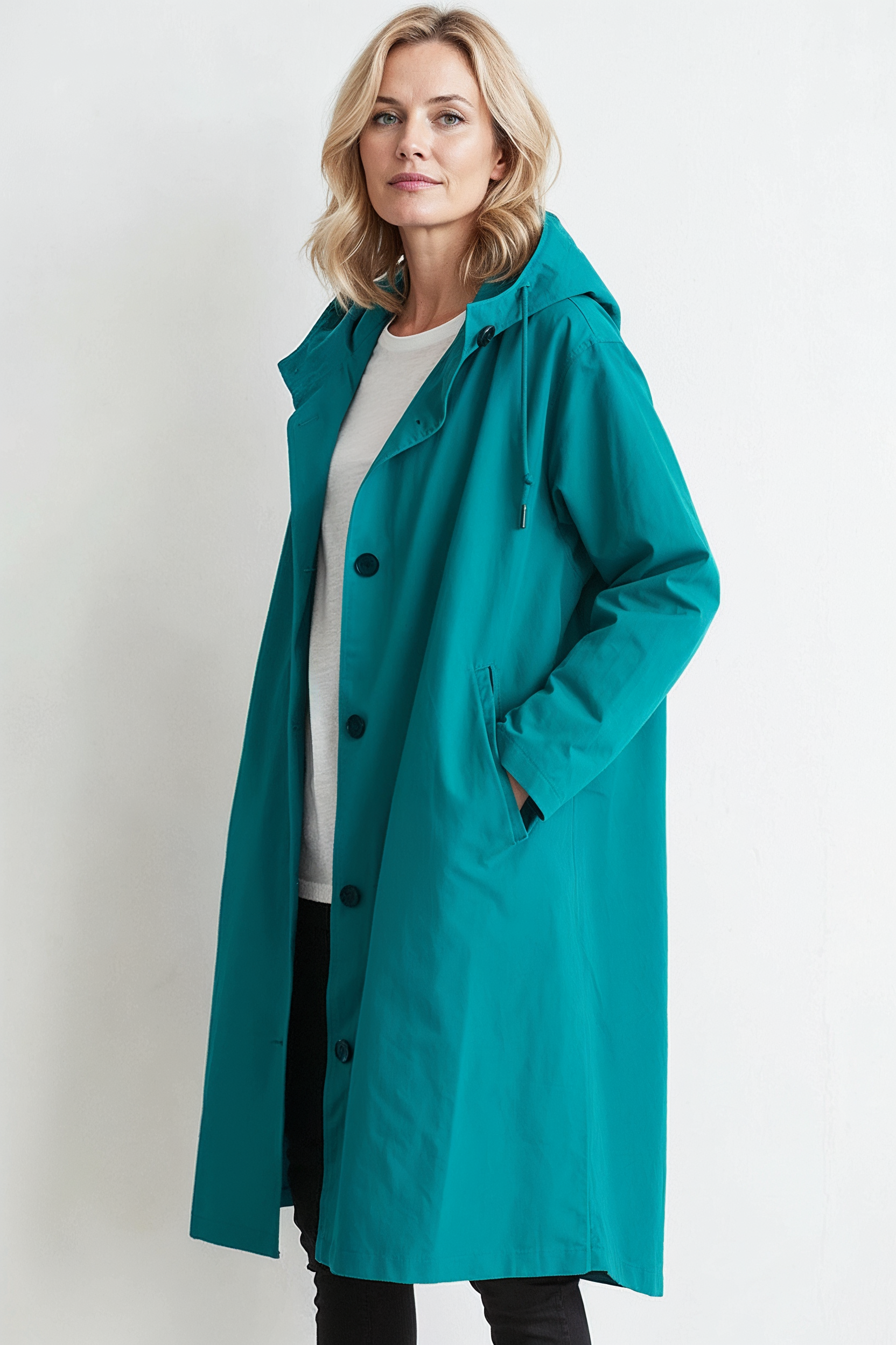 Regnjakke Dame | Lang med Hætte og Knapper - Lyseblå