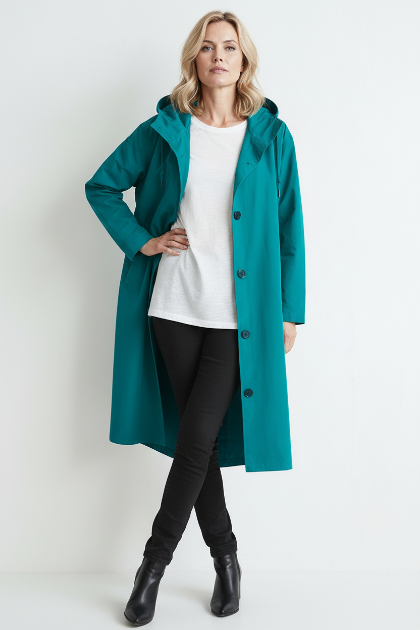 Regnjakke Dame | Lang med Hætte og Knapper - Lyseblå 2/0