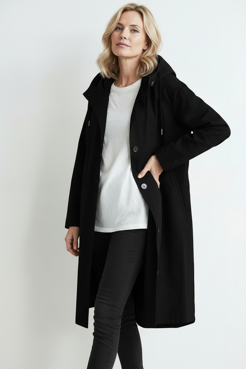 Regnjakke Dame | Lang med Hætte og Knapper - Sort