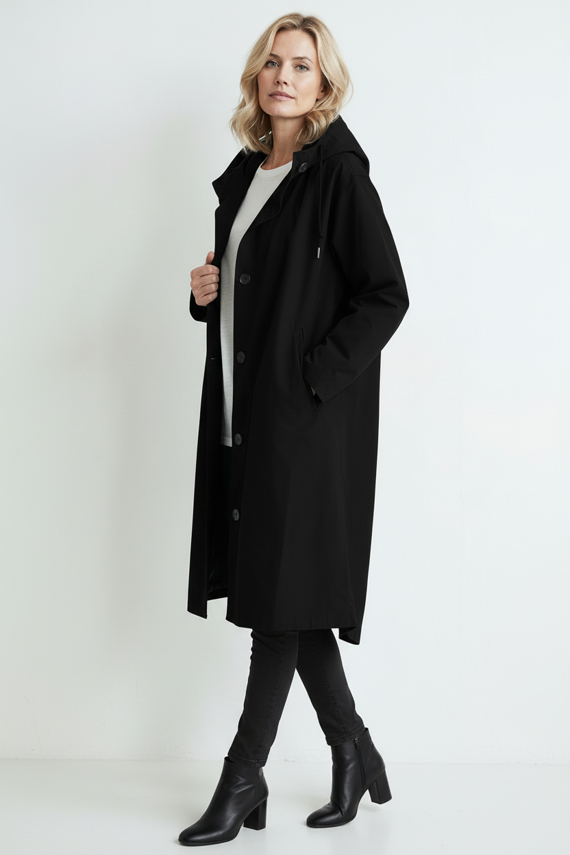 Regnjakke Dame | Lang med Hætte og Knapper - Sort 2/0