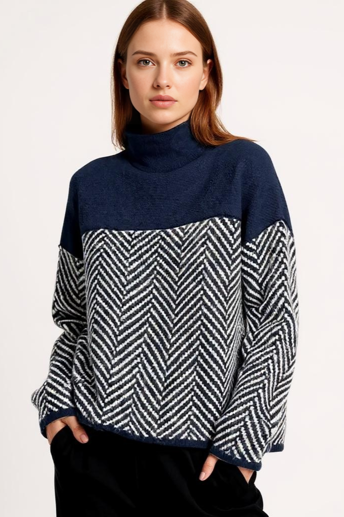 Rullekravesweater Med Sildebensstruktur