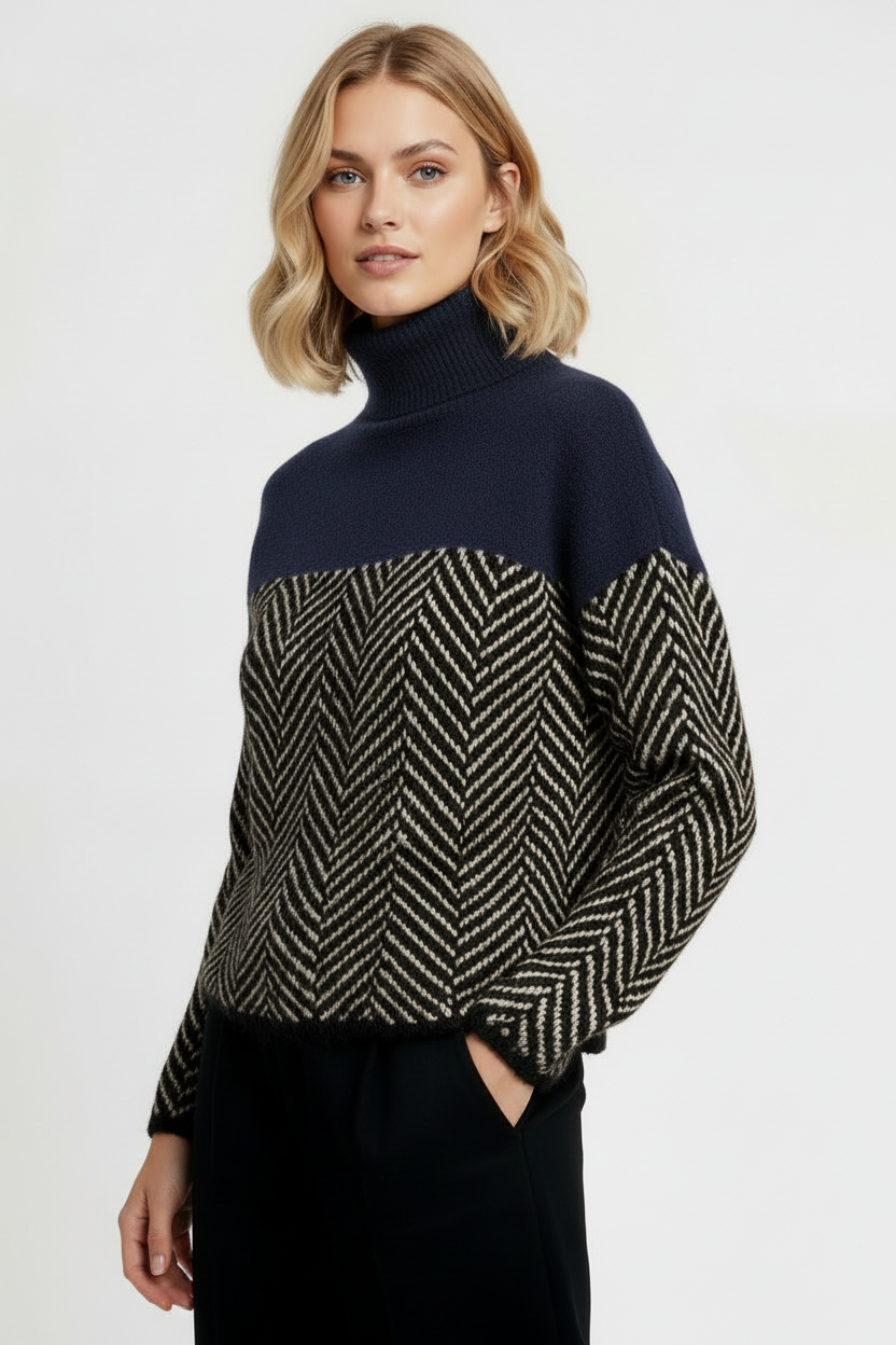 Rullekravesweater Med Sildebensstruktur - Dyb Blå 2-0