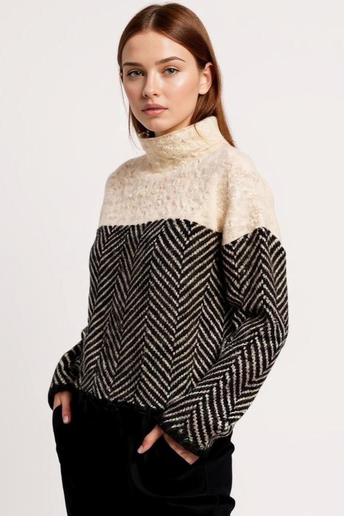 Rullekravesweater Med Sildebensstruktur