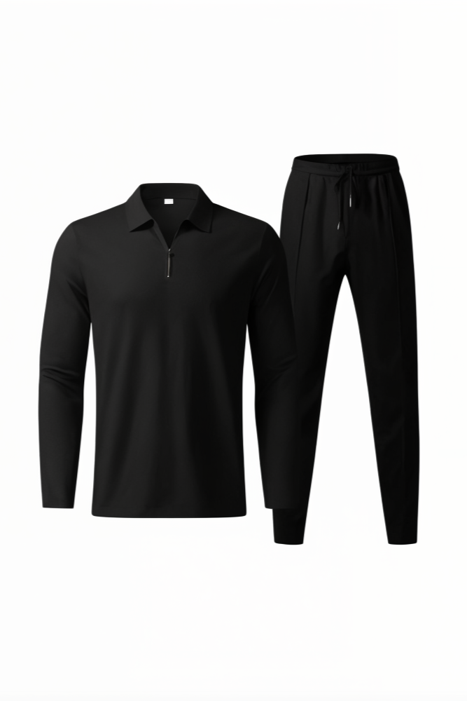 Sæt Med Langærmet Half Zip Poloshirt Og Bukser
