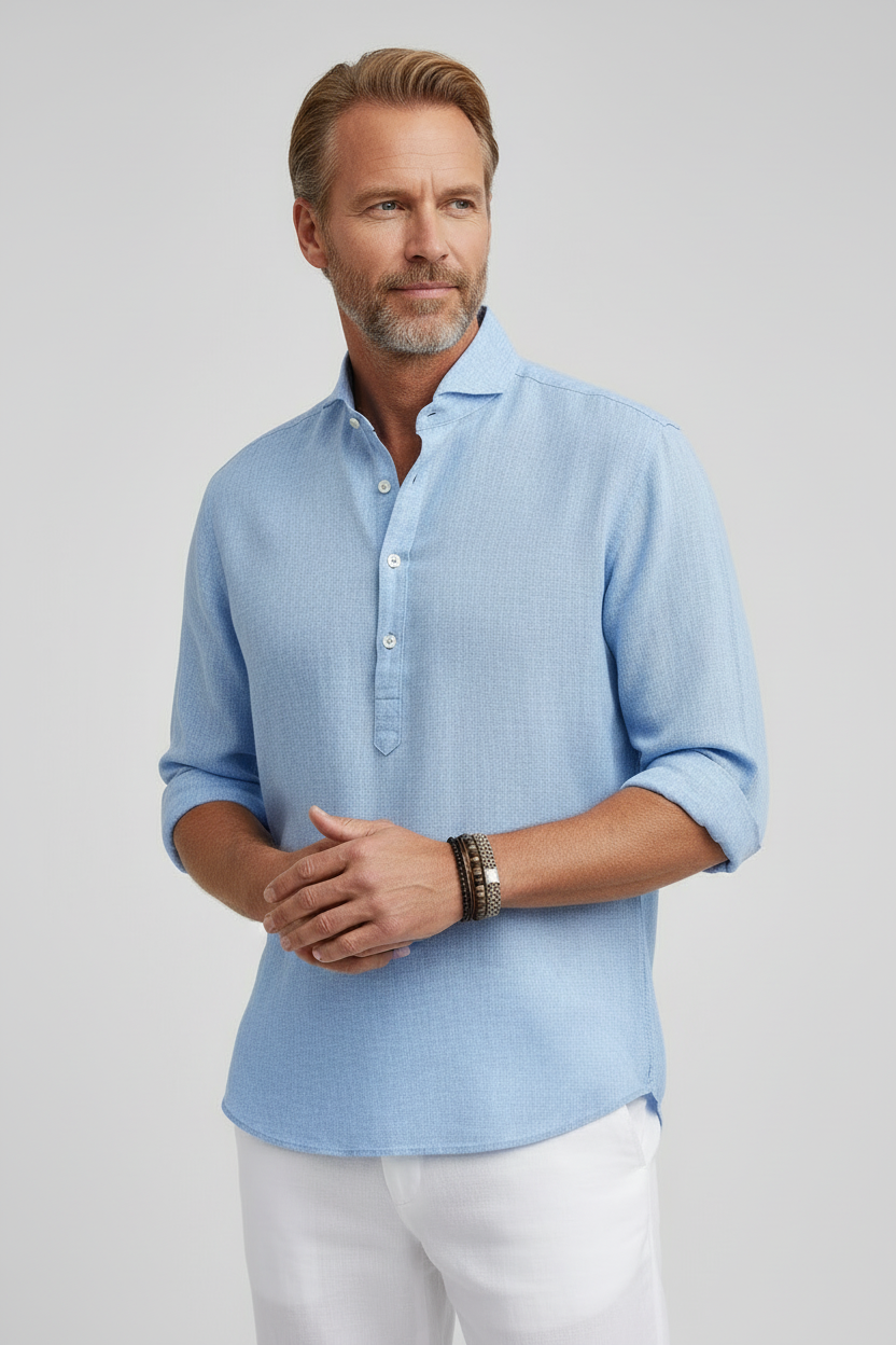 Skjorte Herre | Hør-look med Knapper - Lyseblå 1.1