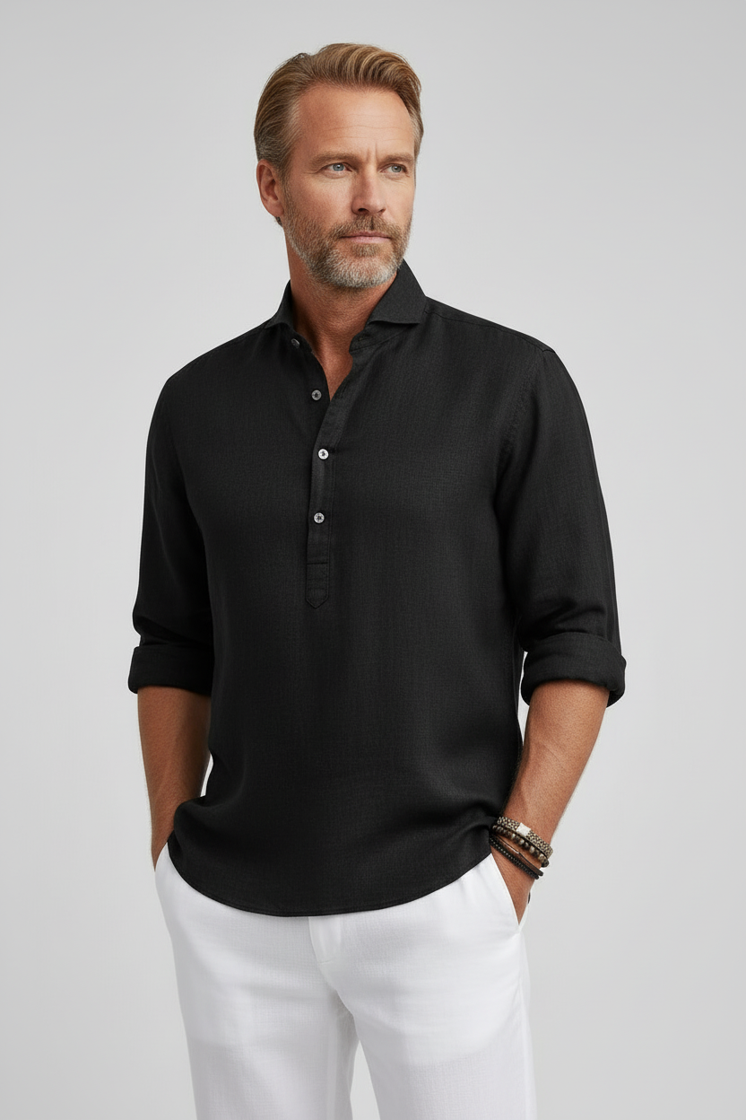 Skjorte Herre | Hør-look med Knapper - Sort 1.0
