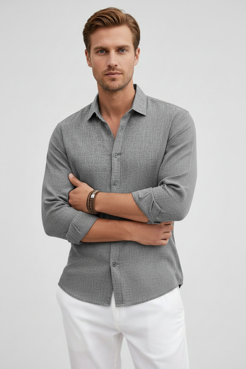 Skjorte Herre | Langærmet i Linned - Grå 1.0