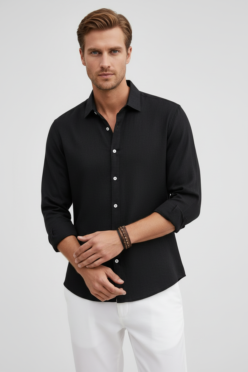 Skjorte Herre | Langærmet i Linned - Sort 1.0
