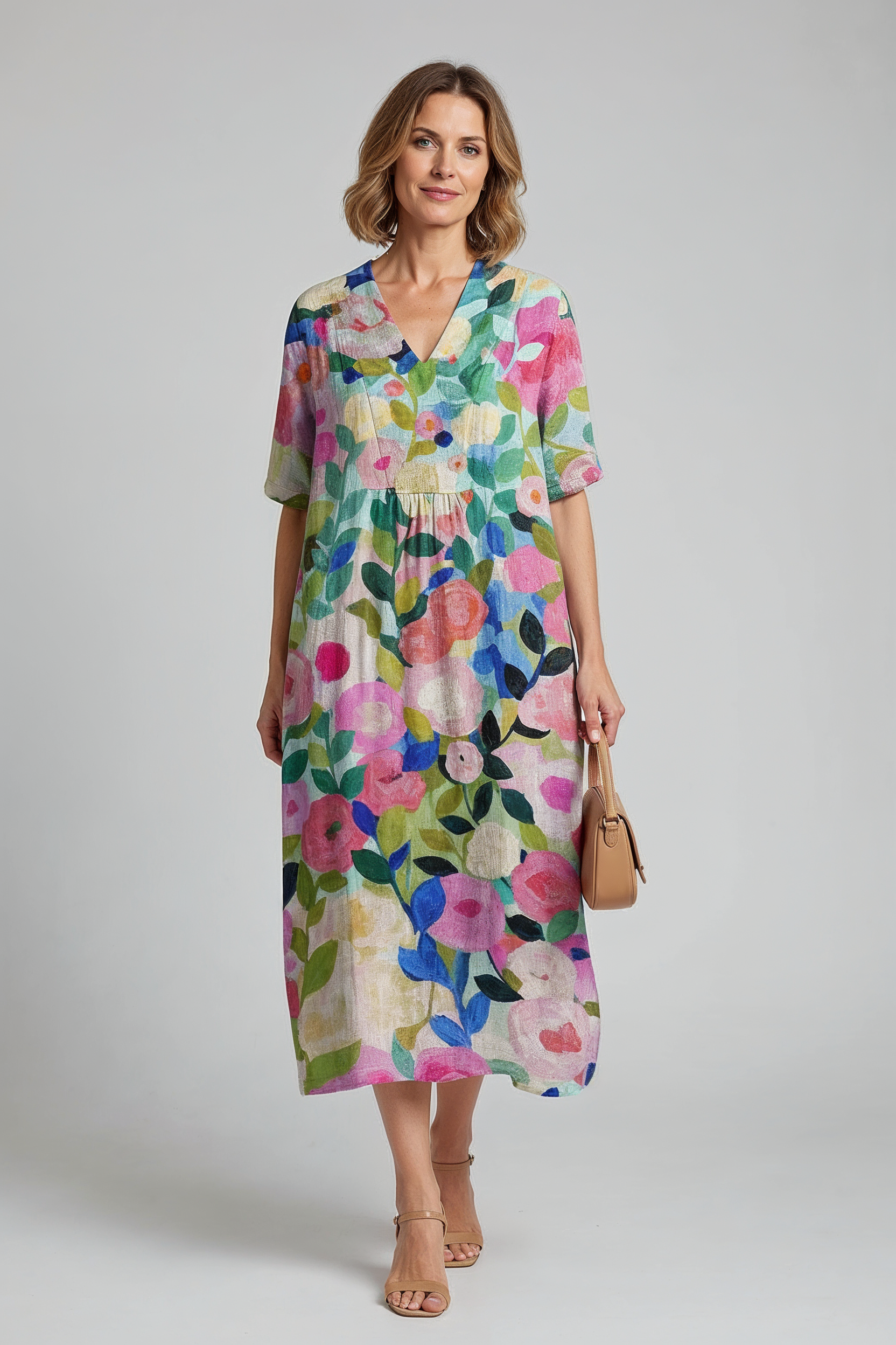 Sommerkjole Dame | Blomstret med V-hals - Blød Blomsterprint