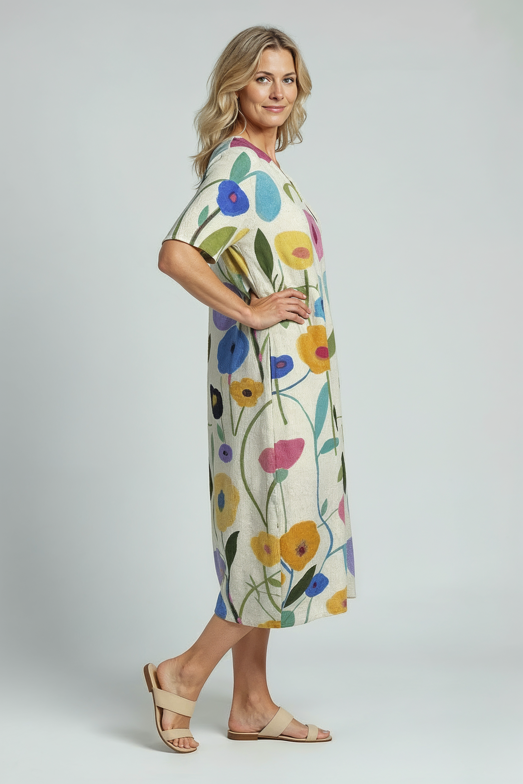 Sommerkjole Dame | Blomstret med V-hals - Farverig Blomsterprint