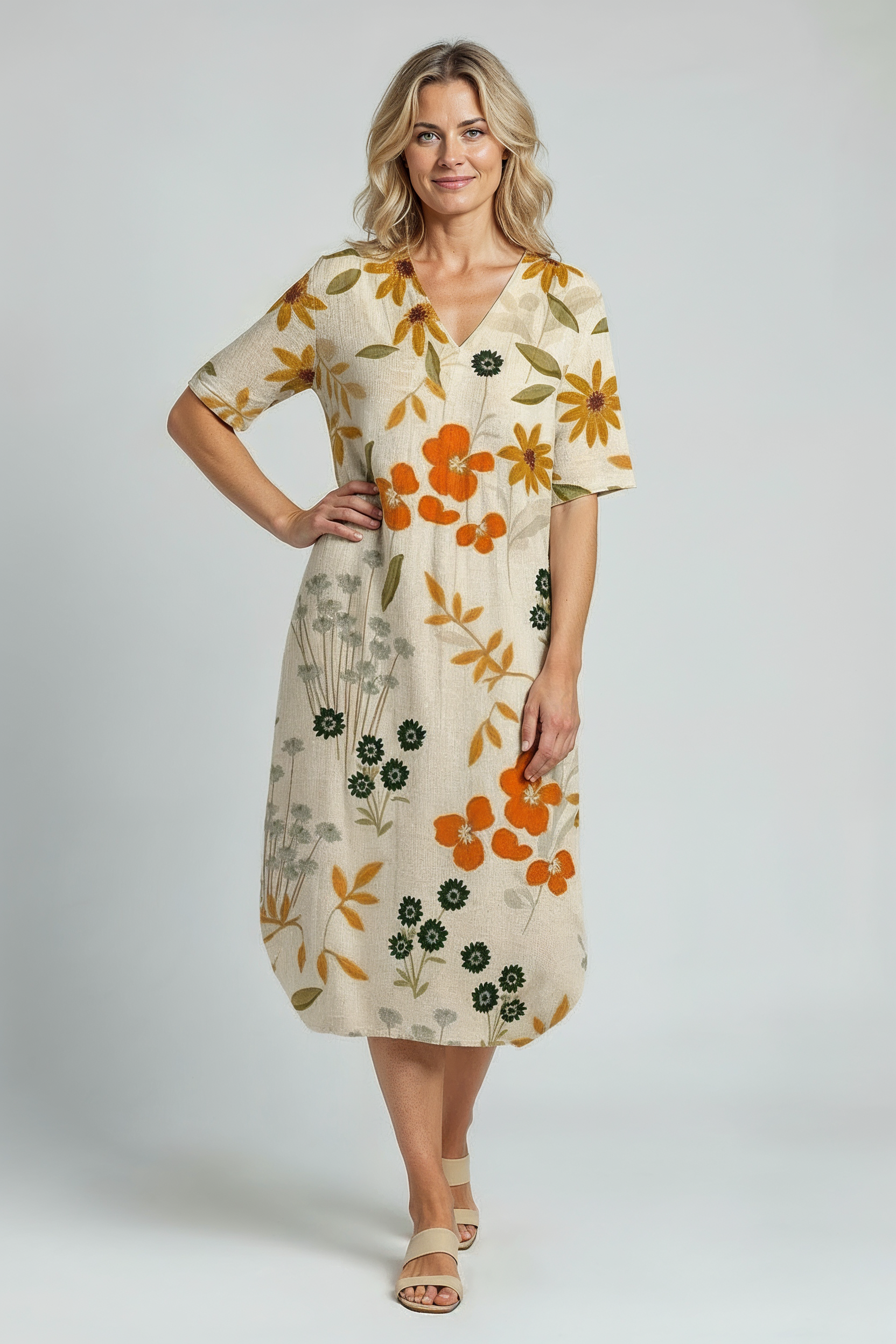 Sommerkjole Dame | Blomstret med V-hals - Varm Blomsterprint
